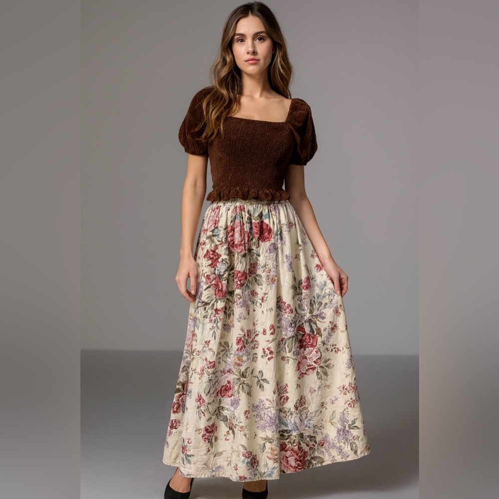 Vintage Hopeless Romantic Victorian Style Cotton Floral Maxi Skirt Sz M